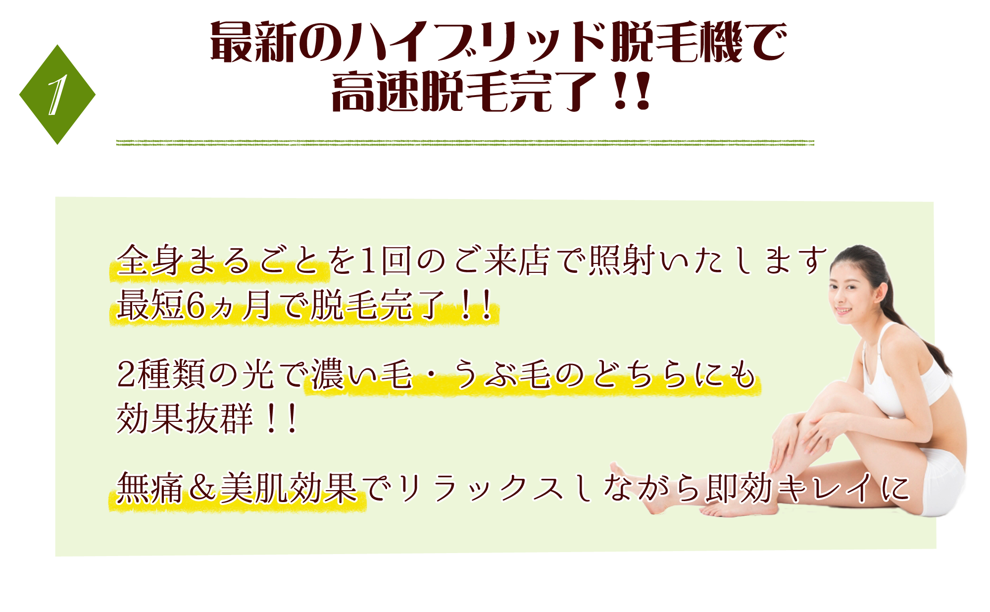 最新のハイブリット脱毛機で高速脱毛。6か月で脱毛完了